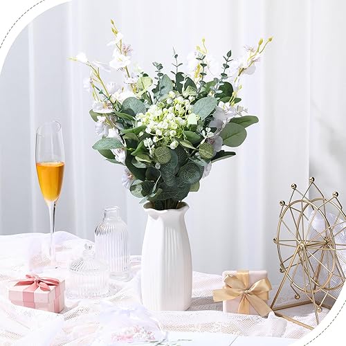 Miniatura 5 de Zeyune Juego de 90 tallos de eucalipto artificiales mixtos con flores falsas blancas, ramas de vegetación sintética con 5 tipos de hojas verdes para