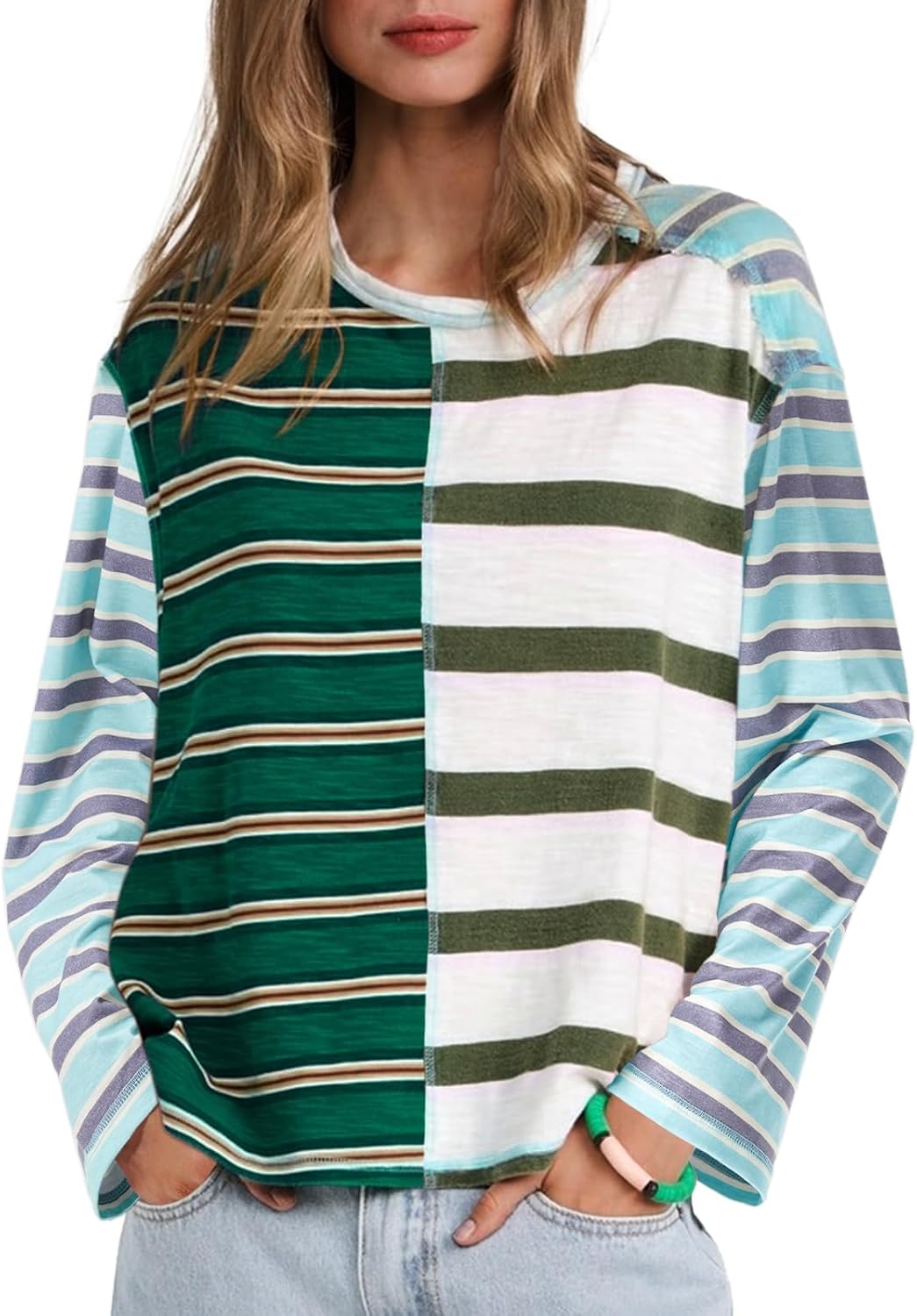 Tankaneo Womens Oversized Striped Shirts Color Block Crew Neck Sweatshirt Casual Loose Fit Long Sleeve Tops