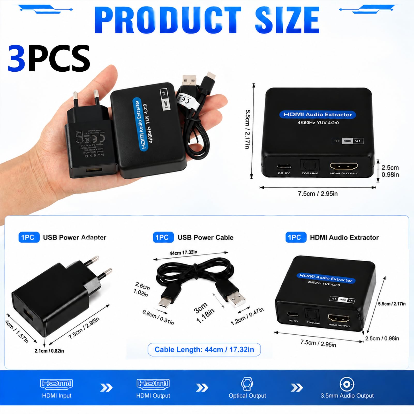 HDMI Audio Extractor, Optical SPDIF Audio Splitter Toslink + 3.5mm Ausgang, 4K 60Hz Konverter Adapter für Fire TV Stick PS5 Xbox PC Laptop, EDID Umschaltung, für Soundbar und Verstärker