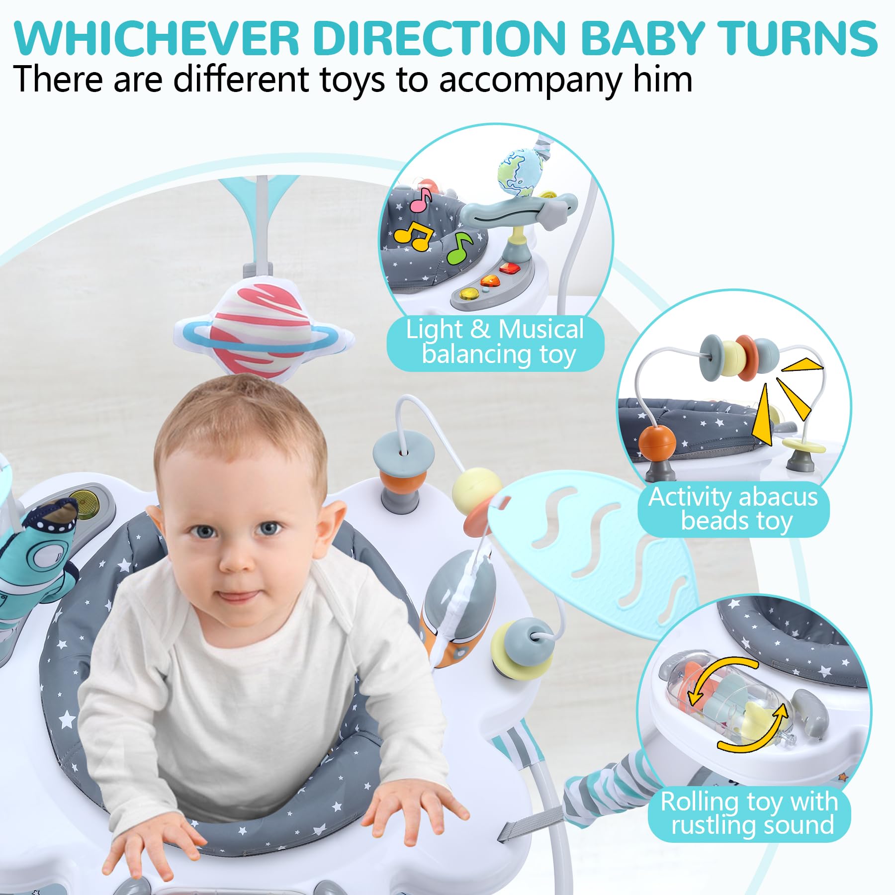 LADIDA Stationary Jumper Jumperoo Aktivitätszentrum für Babys mit interaktivem Spielzeug, 360° drehbarer Sitz, Musikspielzeug und Höhenverstellbar (Space Tour Grey)