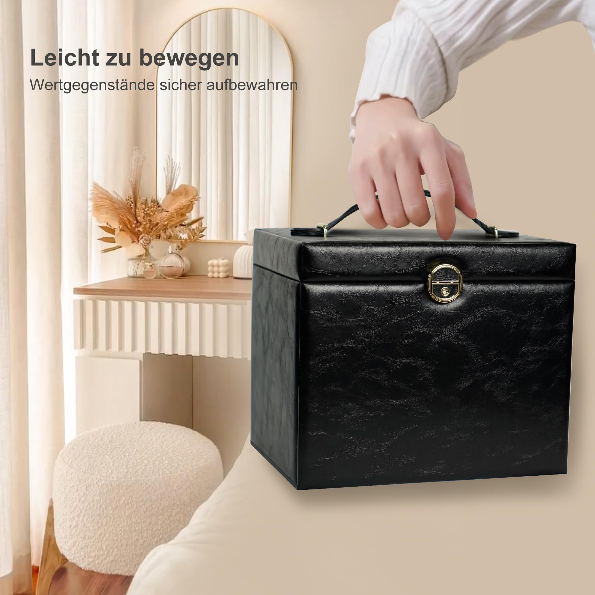 ADEL DREAM szkatułka na biżuterię, duża, zamykana, 5 poziomów z 5 szufladami, z lustrem, na pierścionki, kolczyki, naszyjniki i bransoletki, elegancka i klasyczna (czarny)