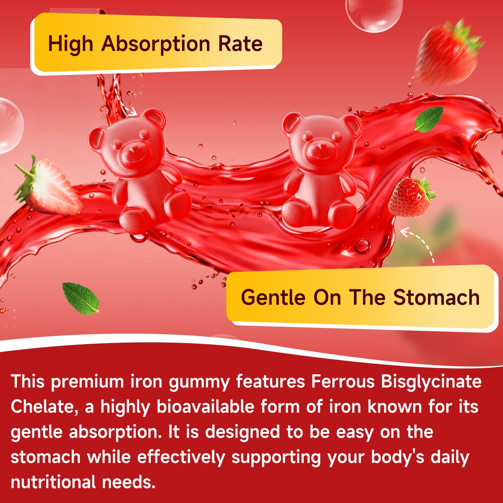 Vegan Iron Gummies for Women & Men, Iron Supplement with B-Complex, Vitamin C, A, Folate for Adults & Kids - Blood Builder & Energy Support & Immune Health - Strawberry Flavor, 60 Gummies — Amazon image 6