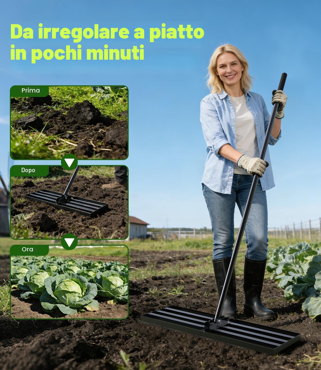 Leveling Rake Rastrello Livellatore per Prato 204 x 76 x 25cm Rastrello Livellatore Prato 2 in 1 Rastrello Pesante per Diffusione Terriccio e Sabbia Finitura Antiruggine per Giardino