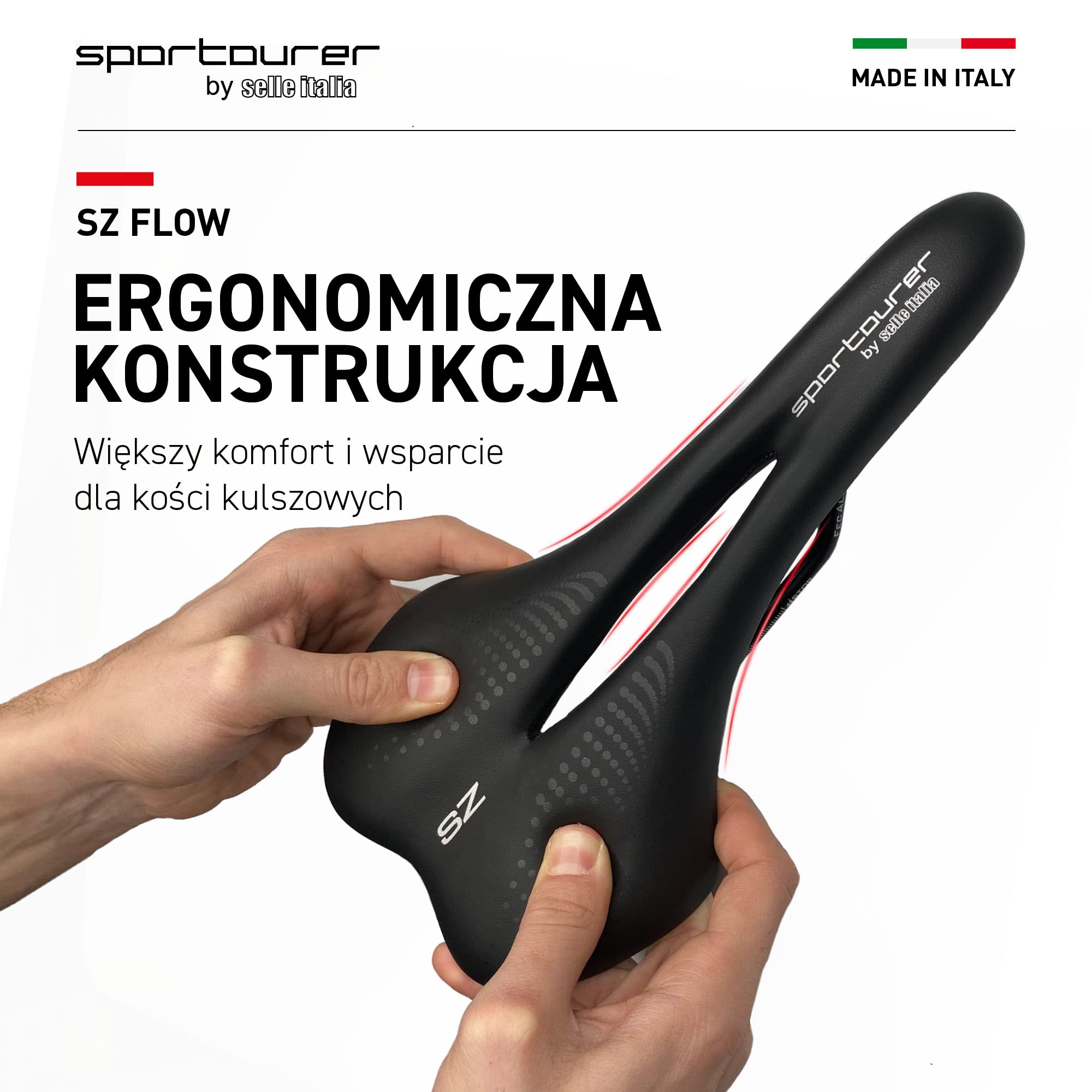 Selle Italia Sportourer SZ Flow – Siodełko Rowerowe, Wodoodporne i Ergonomiczne, Miękkie, Duże Siedzisko – Rozmiar L2, Czarny