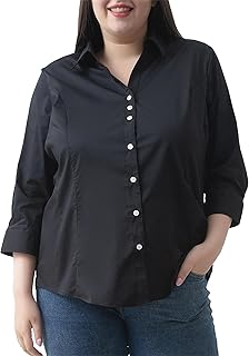 Camisas de manga 3/4 de talla grande para mujer, camisas con botones y cuello en V, blusas para mujer, blusas casuales de negocios