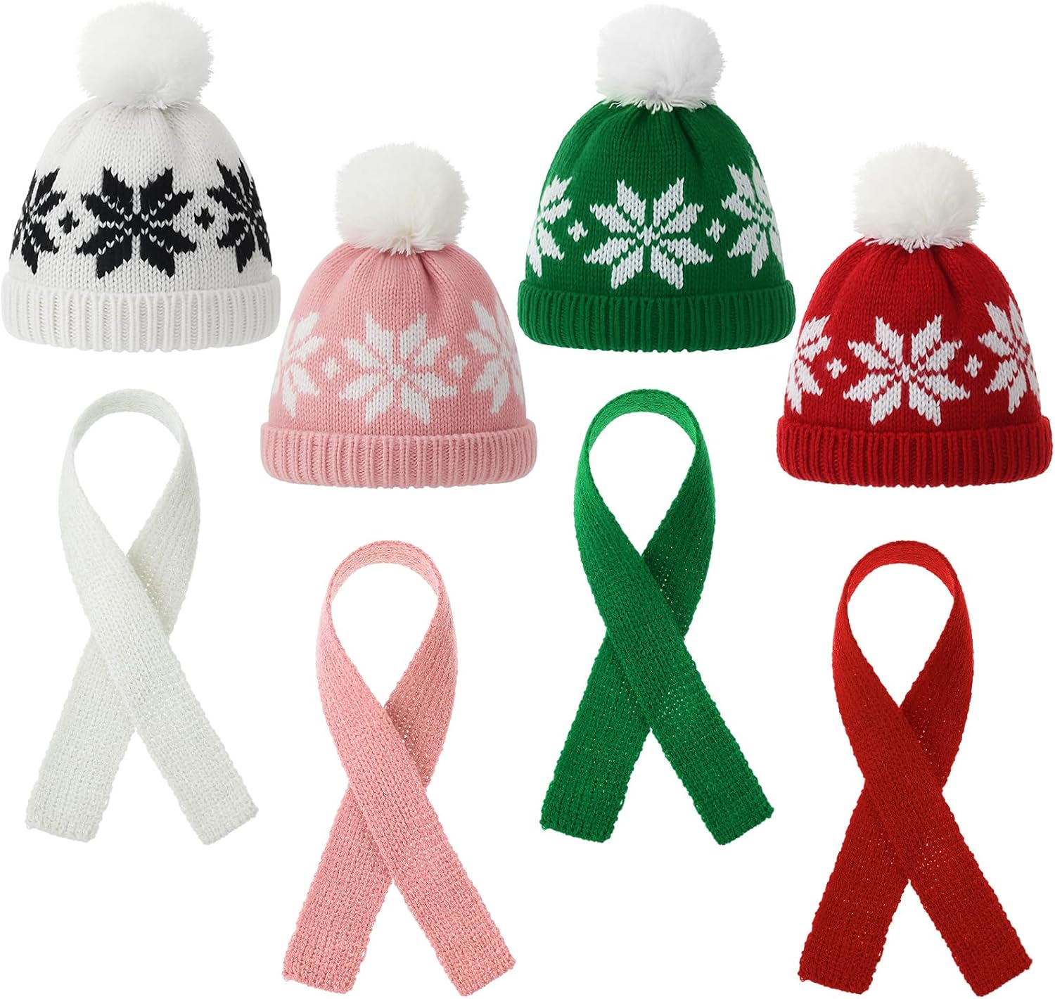 Geyoga 8 Pcs Mini Santa Hats and Scarves Decor Doll Christmas Accessories Small Gnome Hat for Craft DIY for Wine Bottle Gifts(Red, Green, White, Pink,Snowflake)