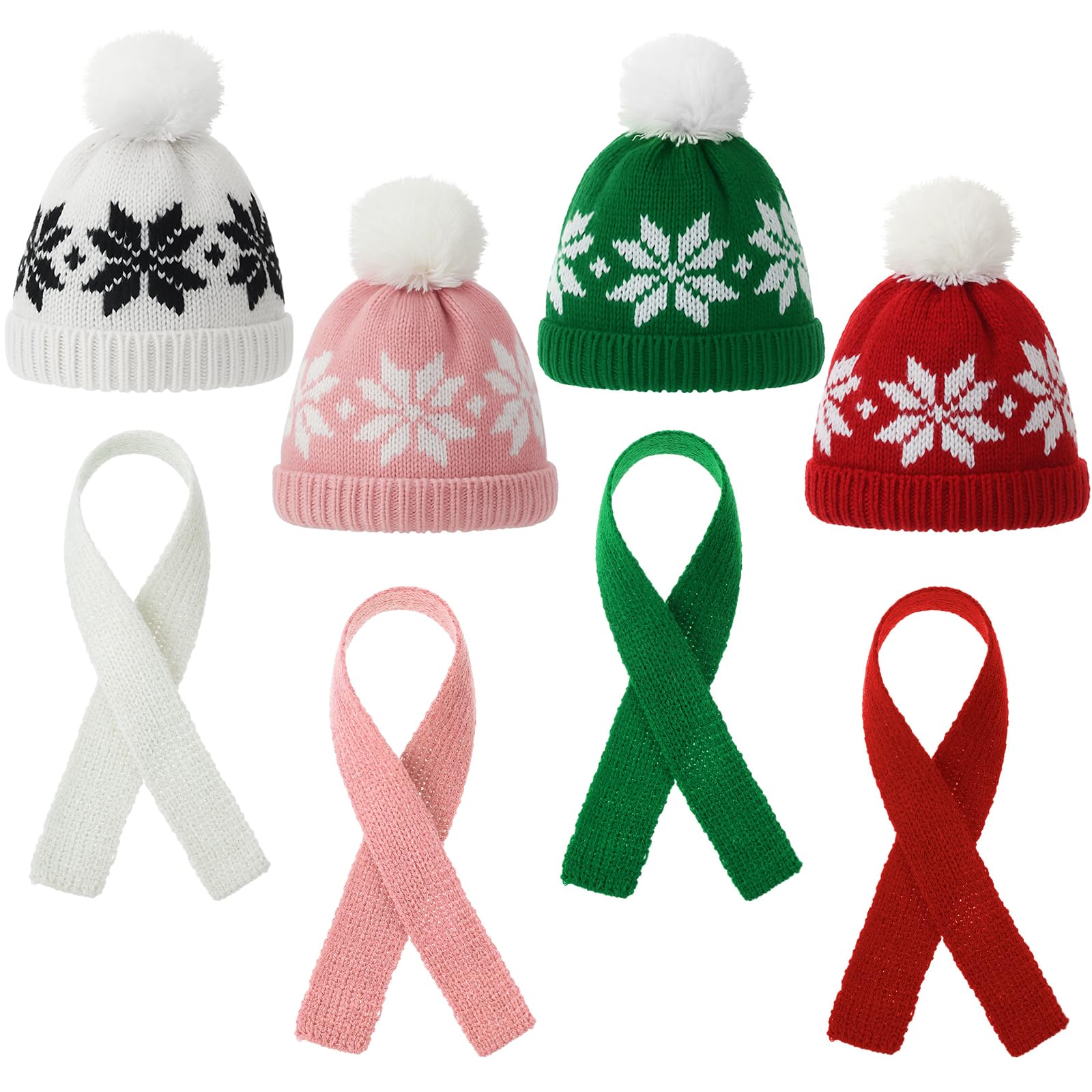 Geyoga 8 Pcs Mini Santa Hats and Scarves Decor Doll Christmas Accessories Small Gnome Hat for Craft DIY for Wine Bottle Gifts(Red, Green, White, Pink,Snowflake)