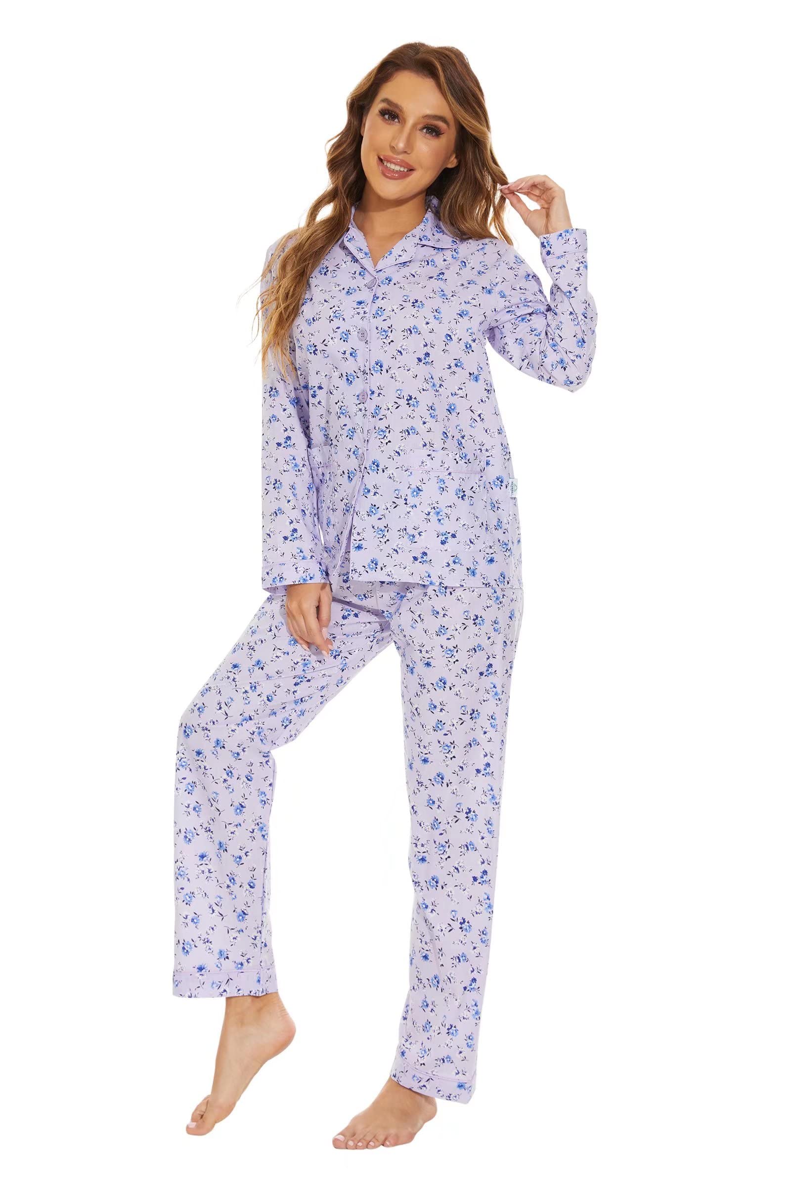 GLOBAL Ensemble de Pyjama pour Femme 100% Coton à Manches Longues et Boutons pour Femme Vêtement de Nuit Doux Respirant PJS