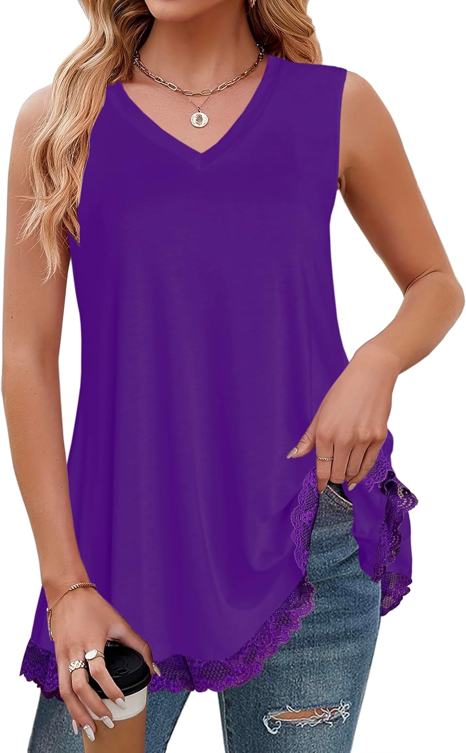 Afibi Women Summer Dressy V Neck Tank Top Loose Fit Flowy Sleeveless Shirt - Image 3