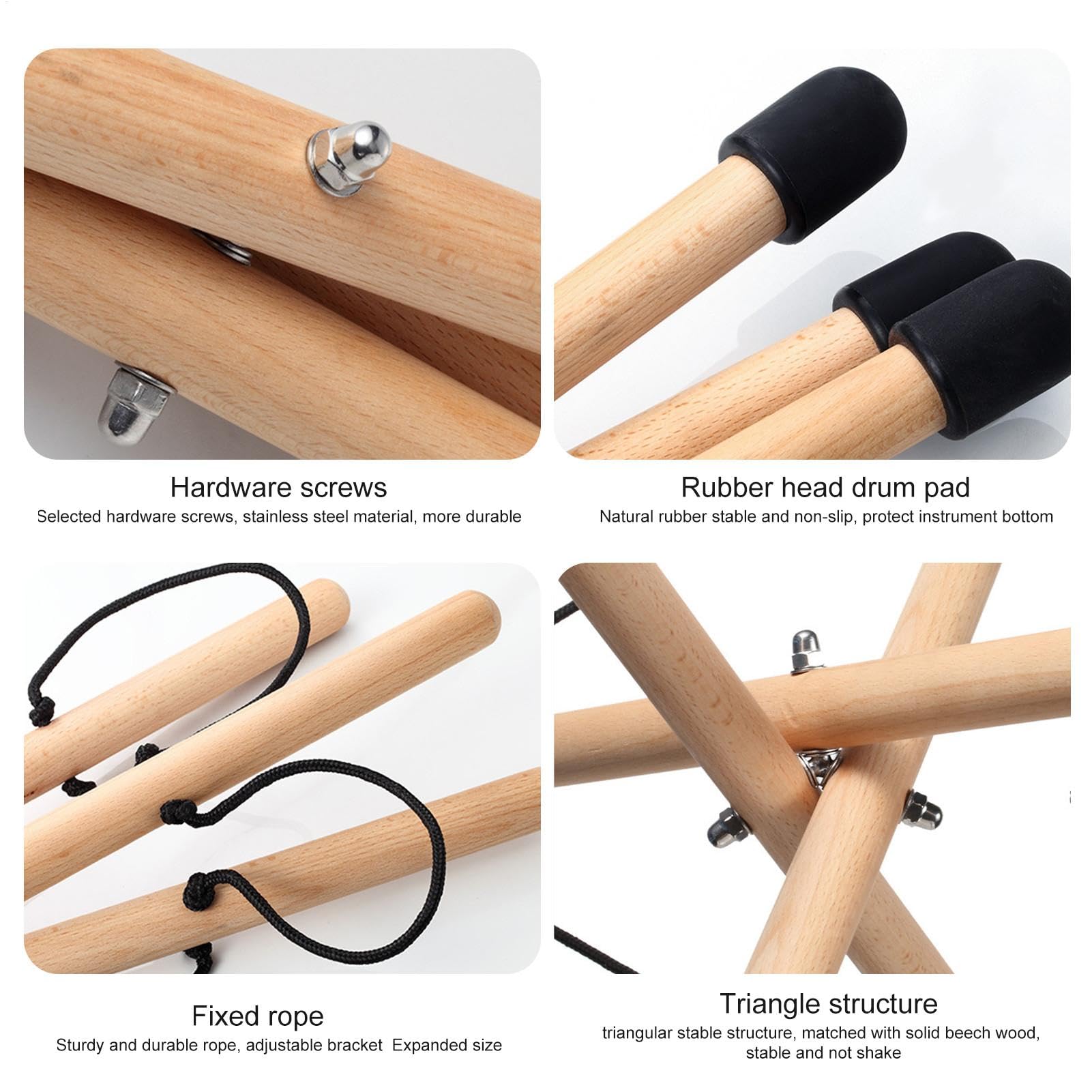 Support de Tambour à Langue en Bois de Hêtre Massif, Support de Tongue Drum Instrument de Musique Antidérapant Trépied Caisse Claire Réglable, Accessoires de Handpan