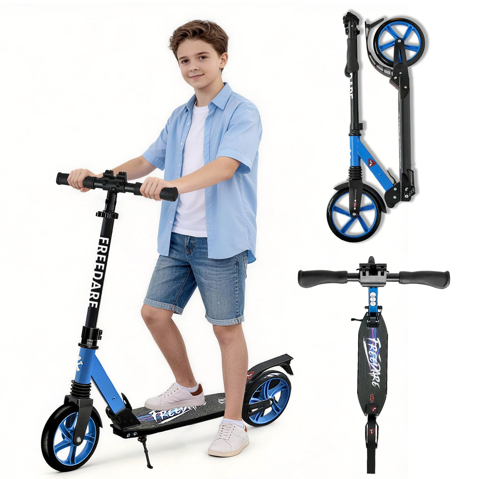FREEDARE Kick Scooter for Kids 8-12, 200mm Big Wheels Foldable Scooter for Teens and Adults, 4 Adjustable Height, Front Suspension, 2 Wheels Scooter Blue — image 1
