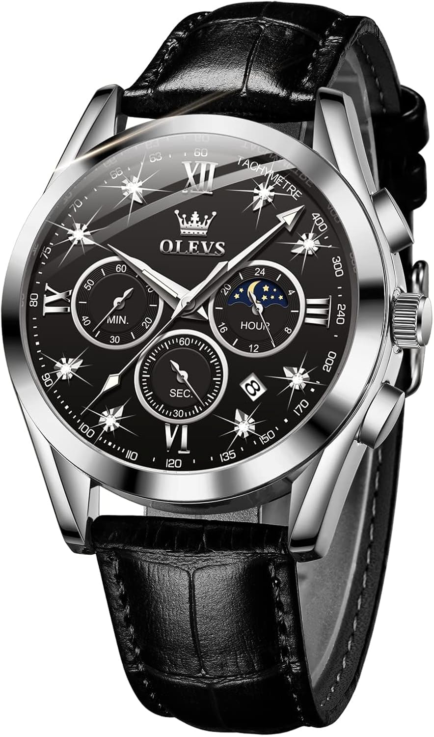 OLEVS Mens Watches Leather Chronograph Luxury Fashion Dress Analog Quartz Wrist Watch Luminous Waterproof Moon Phase Date