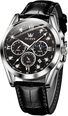 OLEVS Mens Watches Leather Chronograph Diamond Luxury Fashion Dress Analog Quartz Wrist Watch Luminous Waterproof Moon Phase Date