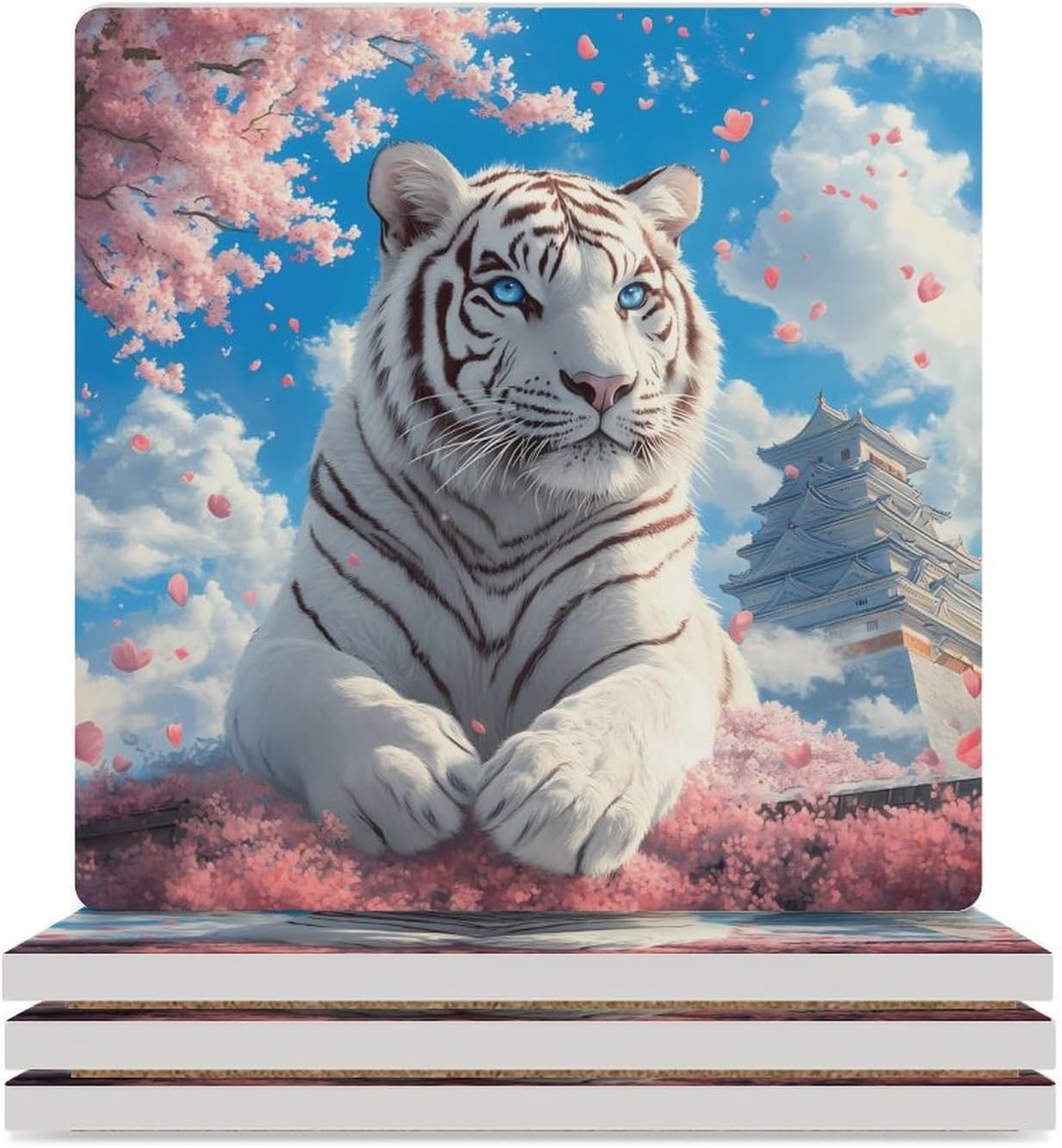 White Tiger Cherryflower Ceramic Coasters Set Square Drink Coasters Table Coaster for Kitchen Desktop Decor