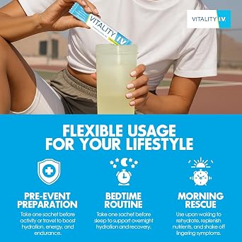 Vitality IV Hydration Drink Mix Lemon Flavor - 12 x 9g Electrolytes Sachets- Zero Sugar, Zero Caffeine - Vegan Friendly Lemon Energy & Hydration Booster- 12 Vitamins & Minerals