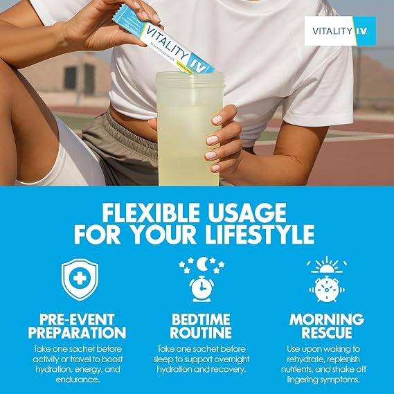 Vitality IV Hydration Drink Mix Lemon Flavor - 12 x 9g Electrolytes Sachets- Zero Sugar, Zero Caffeine - Vegan Friendly Lemon Energy & Hydration Booster- 12 Vitamins & Minerals