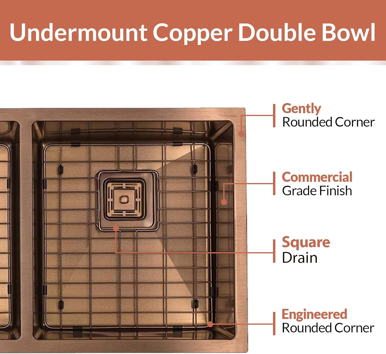 Strictly Sinks 32 Inch Undermount Kitchen Sink - 16 Guage 50/50 Double Bowl Kitchen Sink - Stain & Rust Resistant Copper Kitchen Sink with Bottom Grid, 1 Disposal Adapter & 2 Strainer Drains