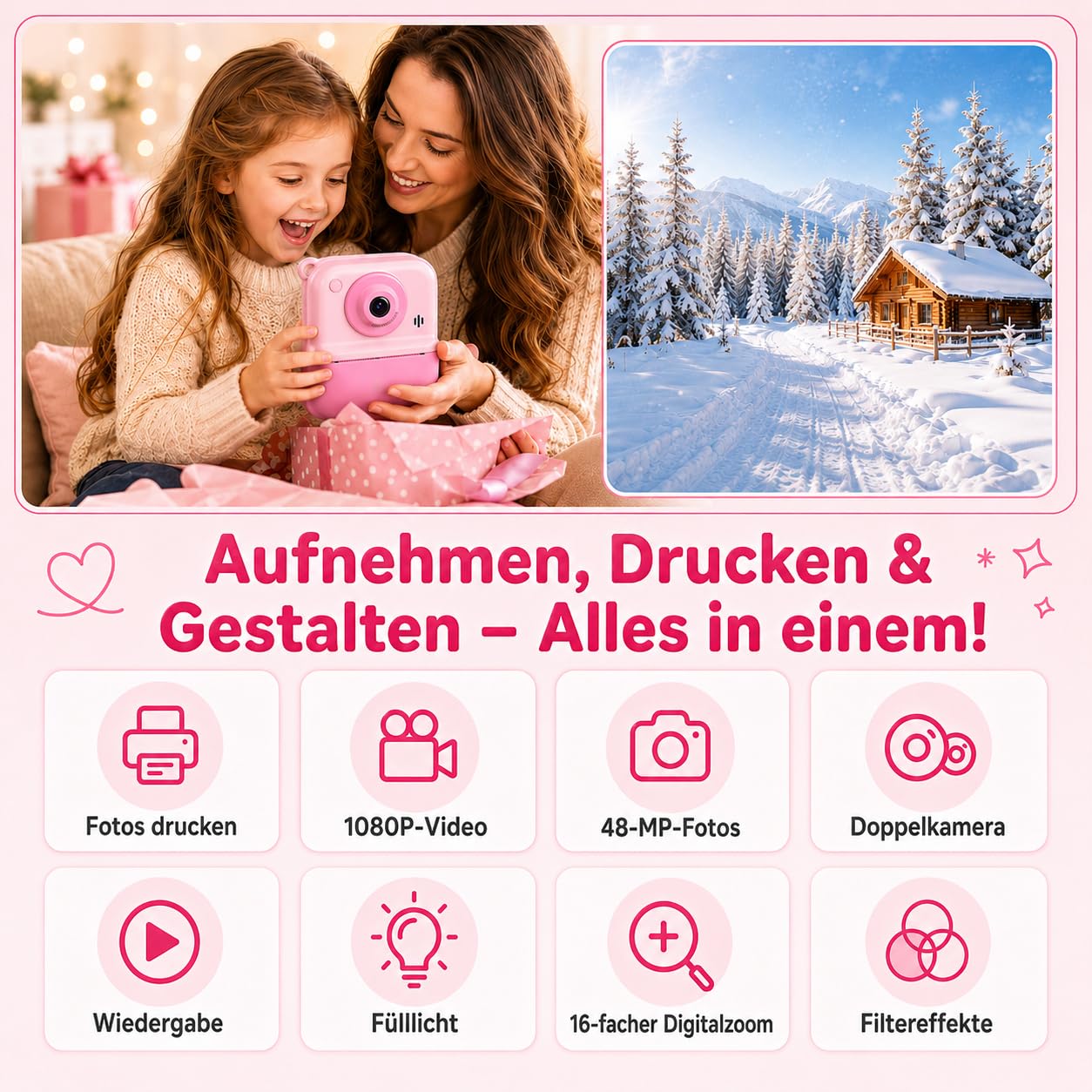 Kinderkamera mit Sofortdruck – 2.4 Zoll Sofortbildkamera Kinder, HD 1080P, inkl. 32GB Karte & Druckpapier, kinderkamera sofortbildkamera, Geschenk für Mädchen & Jungen, Rosa (3-12 Jahre)