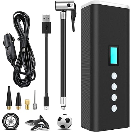 Amazon 電動空気入れ エアコンプレッサー 電動エアーポンプ 自動車タイヤエアーポンプ 自転車 ボール空気入れ 1台3役 モバイルバッテリー機能付き Ledライト機能付き コードレスusb充電式 自動停止 空気圧指定可能 パワー バンク搭載 Lcdデジタル表示 00mah大容量