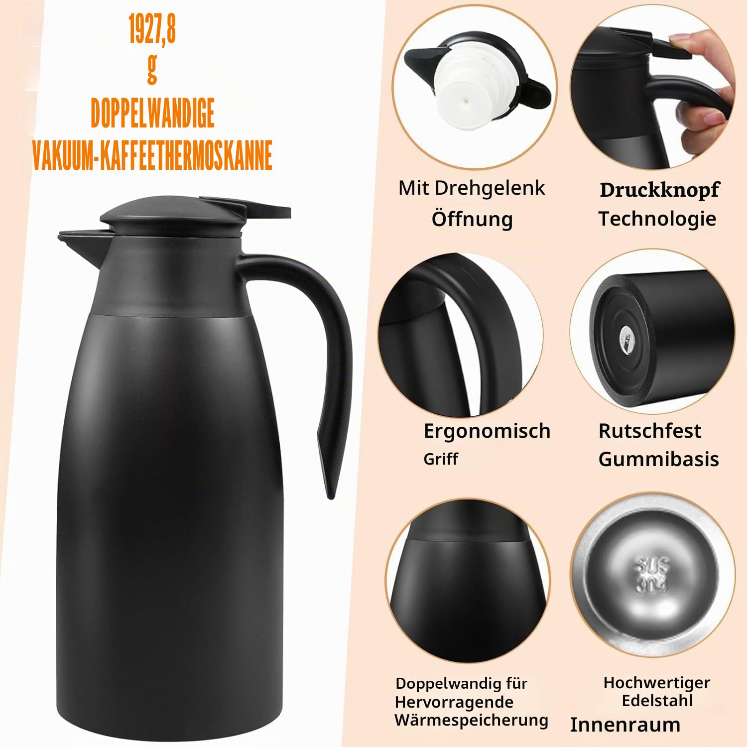 2 Stück Thermokanne Isolerkanne 2 Liter, 304 Edelstahl Isolierte Isolierkanne, 24 Stunden Wärmedämmung, für Kaffee, Tee, Wasser, Getränk, Warmhaltekanne (Silber, Schwarz)