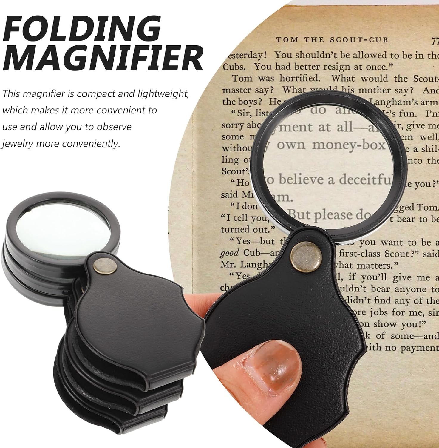 COHEALI 12pcs Foldable 50mm Magnifying Glass Set 10x Jewelry Loupe Portable Magnifier with Leather Case for Jewelry Watch Repair and Outdoor Inspection