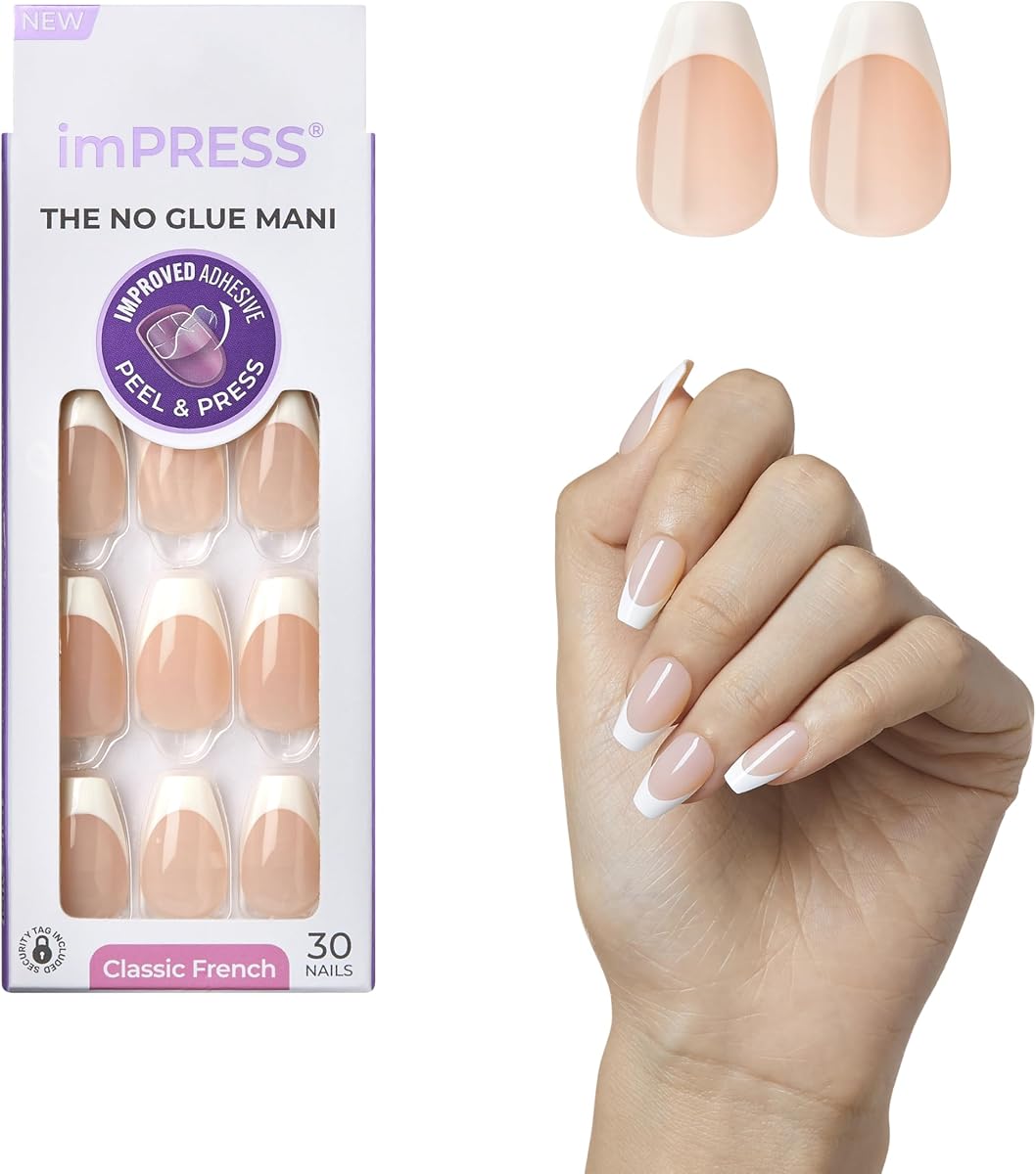 Kiss Impress No Glue Mani Press On Nails, Ideal, Classic French Manicure Kit, 30 Light Neutral + White Tip, Short, Coffin Shaped, With IMPROVED Adhesive, Includes Prep Pad, Manicure Stick & Mini File