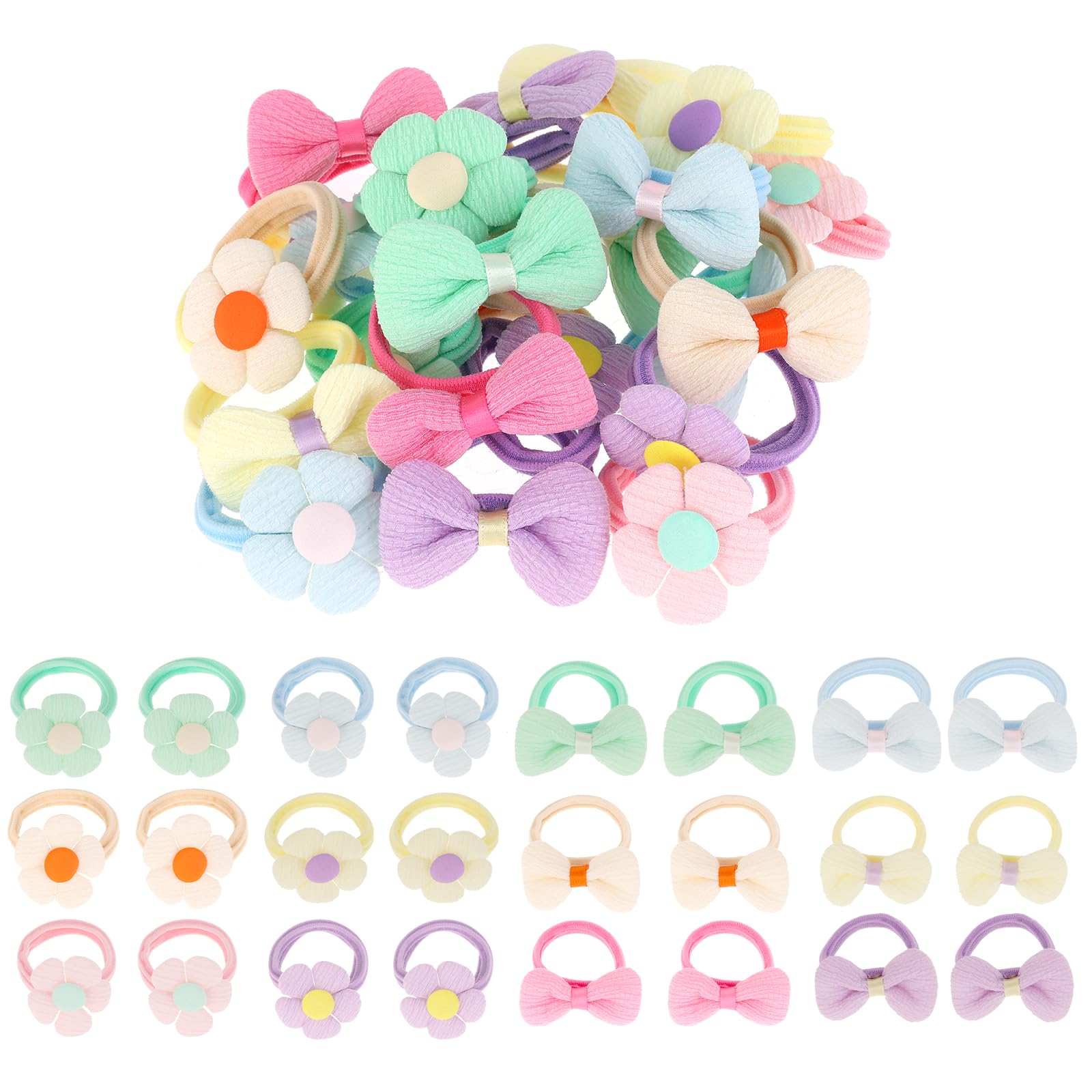 24 Stück Bunt Klein Haargummi, Elastische Haarschmuck Mädchen, Weich Haargummi mit Schleifen Blumen, Geeignet für Kinder Kleine Mädchen