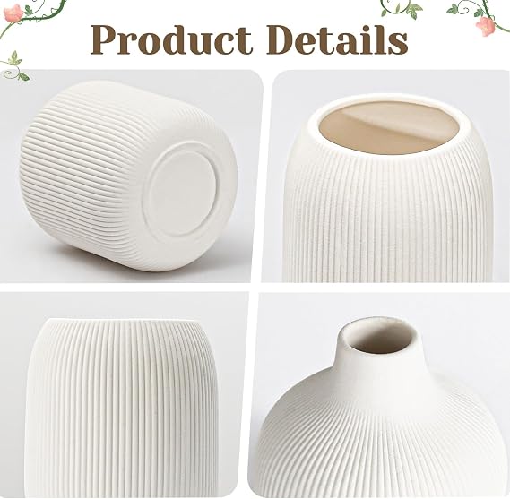 Dnnnii Modern White Ceramic Vase Set of 3 by Ribbed Texture, Perfect for Neutral & Transitional Home Decor - Decorative Minimalist Vases Collection - Small Ceramic Vases for Aesthetic Touch