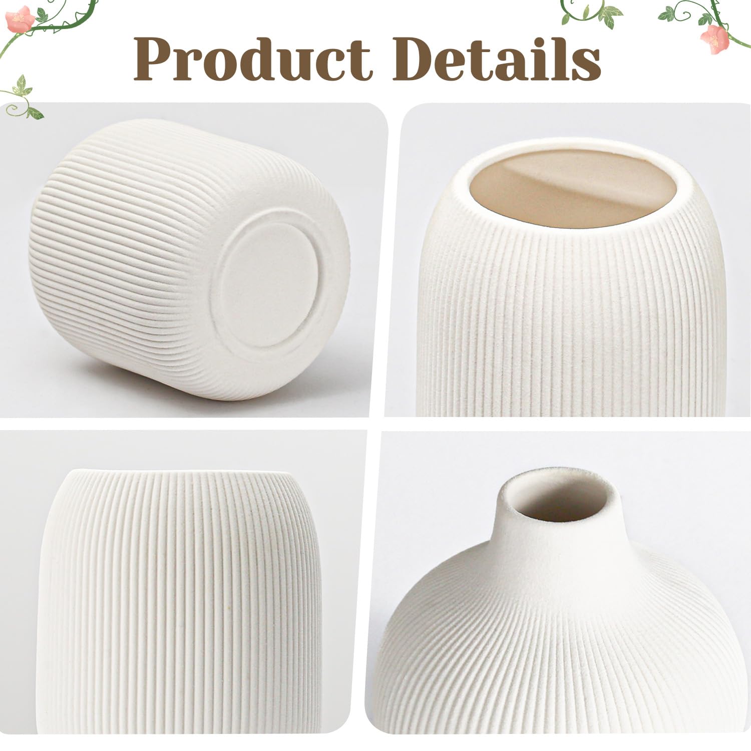 Dnnnii Modern White Ceramic Vase Set of 3 by Ribbed Texture, Perfect for Neutral & Transitional Home Decor - Image 2