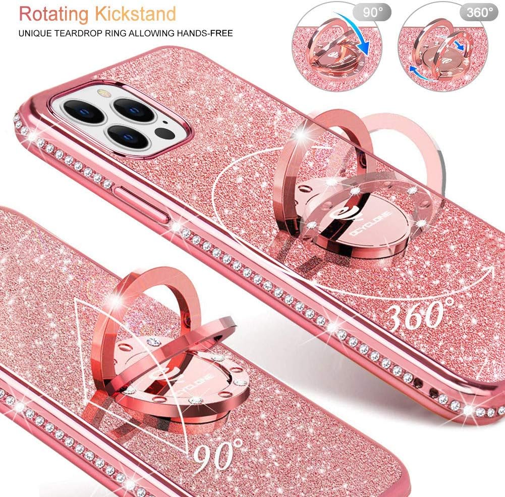 OCYCLONE Compatible for iPhone 12 Pro Max Case, Cute Glitter Sparkle Bling Diamond Rhinestone Bumper Case with Ring Kickstand Women Girls Soft Protective Case for iPhone 12 Pro Max 6.7 inch, Rose Gold