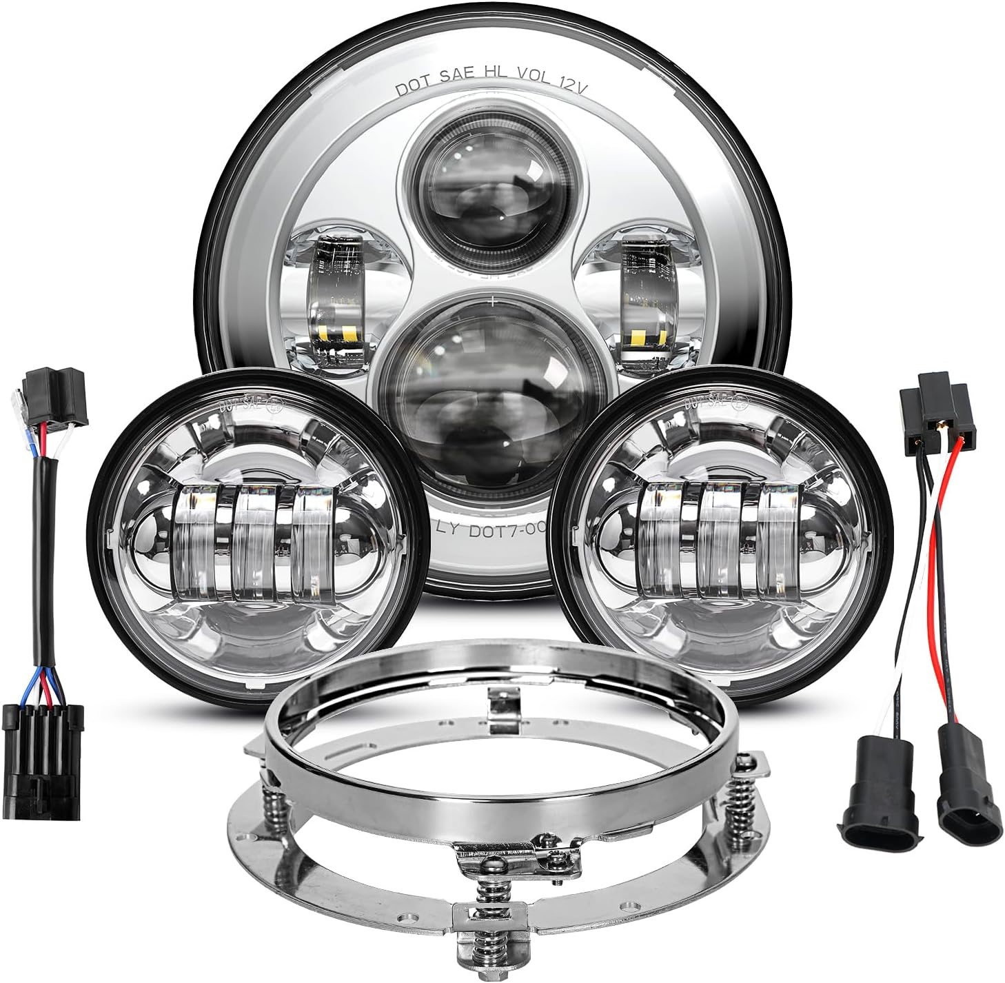 LX-LIGHT Chorme 7 Inch Motorcycle LED Headlight with 4.5 Inch LED Passing Fog Lamps and Mounting Bracket Compatible with Street Glide Road King Fat Boy Ultra Classic Electra Tri Cvo Heritage Softail