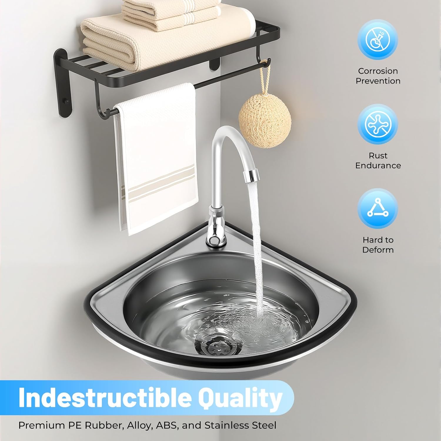 Mount Kitchen Sink, Triangle Bathroom Corner Basin Single Bowl Sink, Mini Vanity Hand Wash Bar Sink with Faucet for RV Caravan Boat (Silver 2)