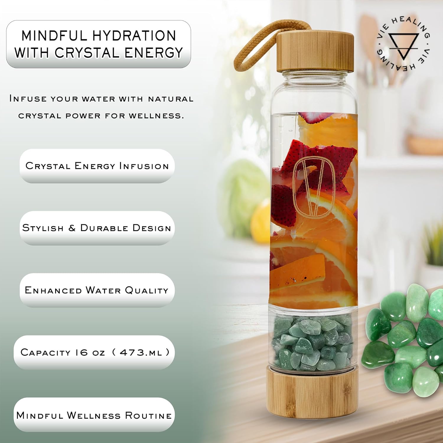 Vie Healing Gem Infused Aventurine Crystal Water Bottle, 16oz | Crystal Glass Bottle for Mindful Hydration, Daily Balance & Style | Eco Friendly Reusable Water Bottle for Home, Office, Gym & Travel