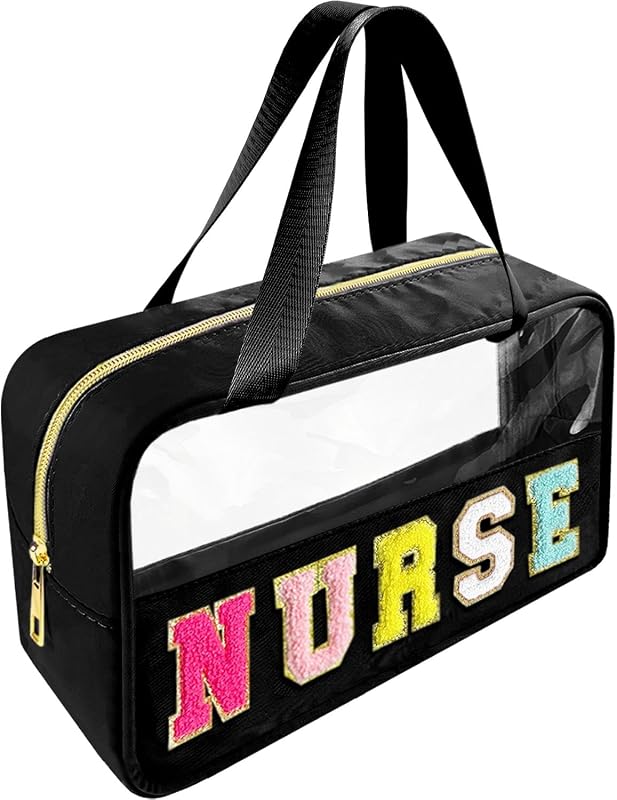 Necessaire transparente Bunliuys com estampa NURSE-Black, alça e zíper