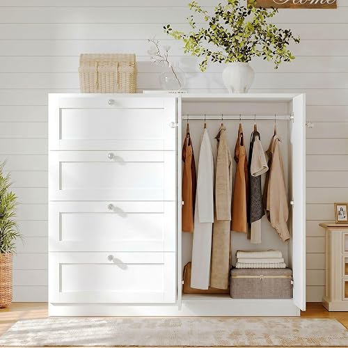 VOWNER 43''H Armoire Wardrobe Closet with 4 Drawers and 2 Doors | Small Clothing Storage Cabinet Dresser with Hanging Rod, Closet Clothes Wardrobe for Bedroom, White