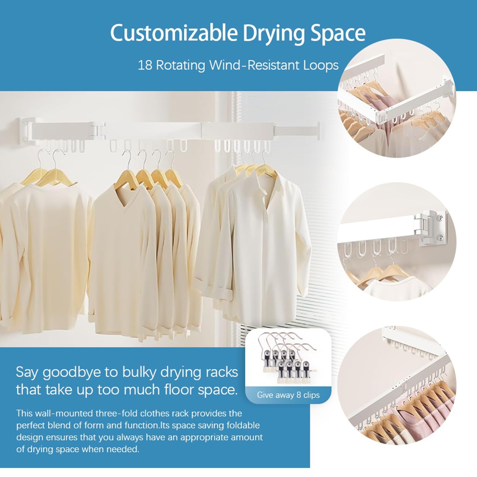 HOPEOPLED Clothes Drying Rack Wall Mounted,Space Saving Wall Drying Rack,Retractable Collapsible Tri-Fold,for Bathroom,Balcony,Outdoor lndoor with Laundry,White