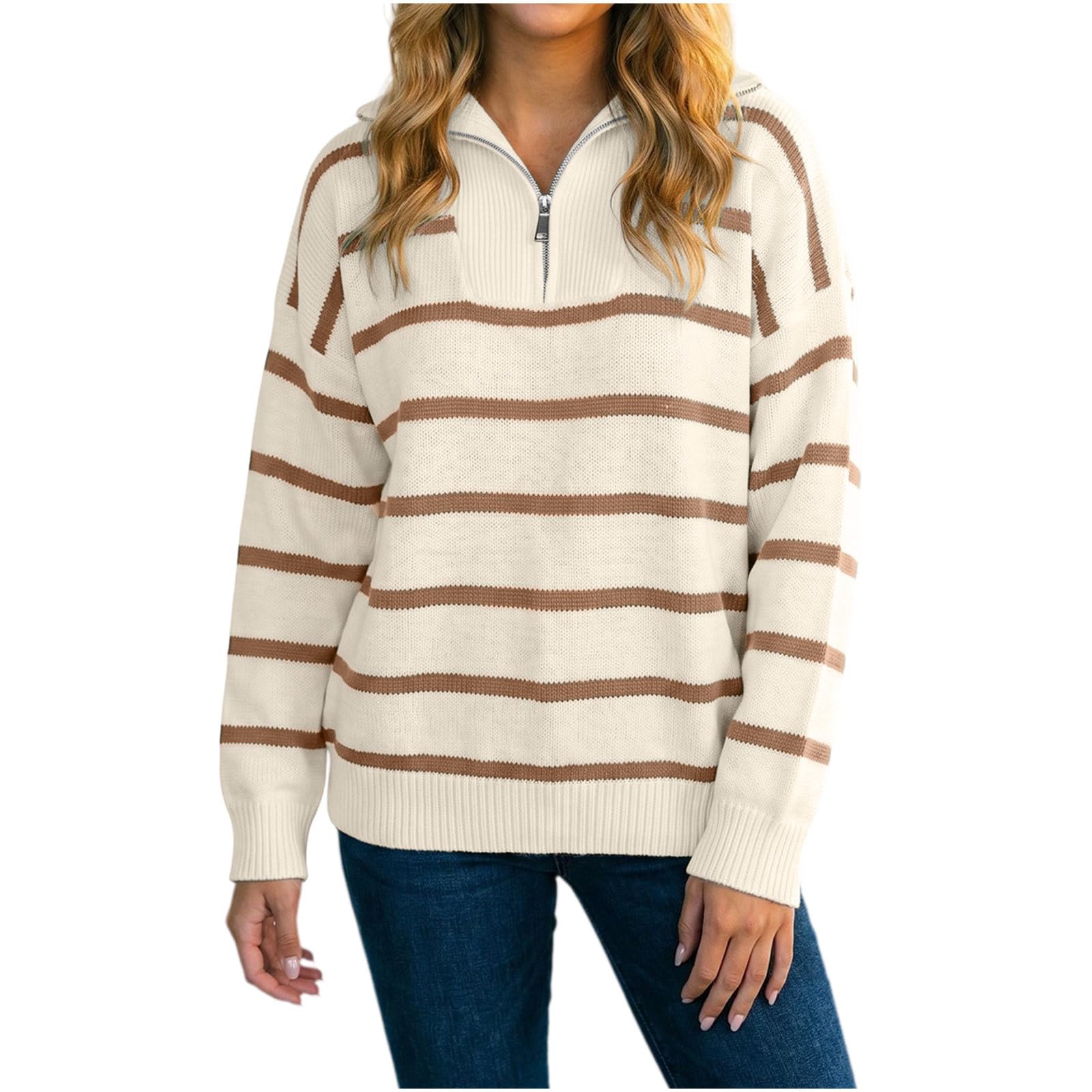Strickpullover Damen Gestreifter Winterpullover Oversize Langarmshirt