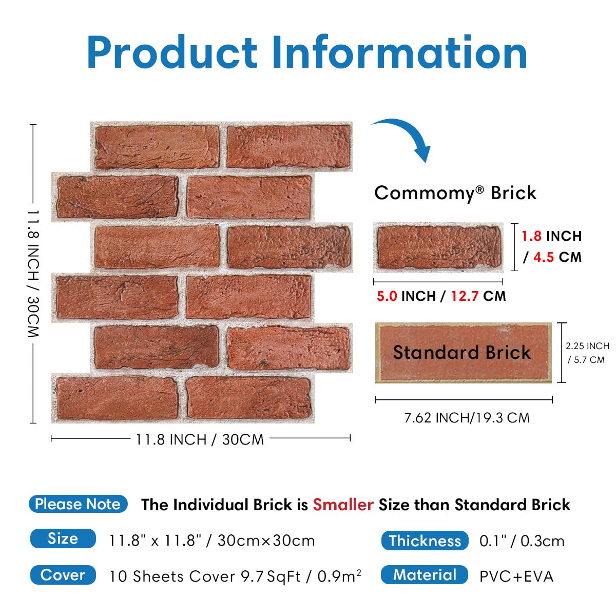 COMSTICKC Mattoni 3D Adesivi Murali Rosso, 10 Pezzi 30 x 30cm, Alta qualità PVC Pannelli Adesivi per Pietra 3D, Pannelli Decorativi per Soggiorno, Bagno, Cucina