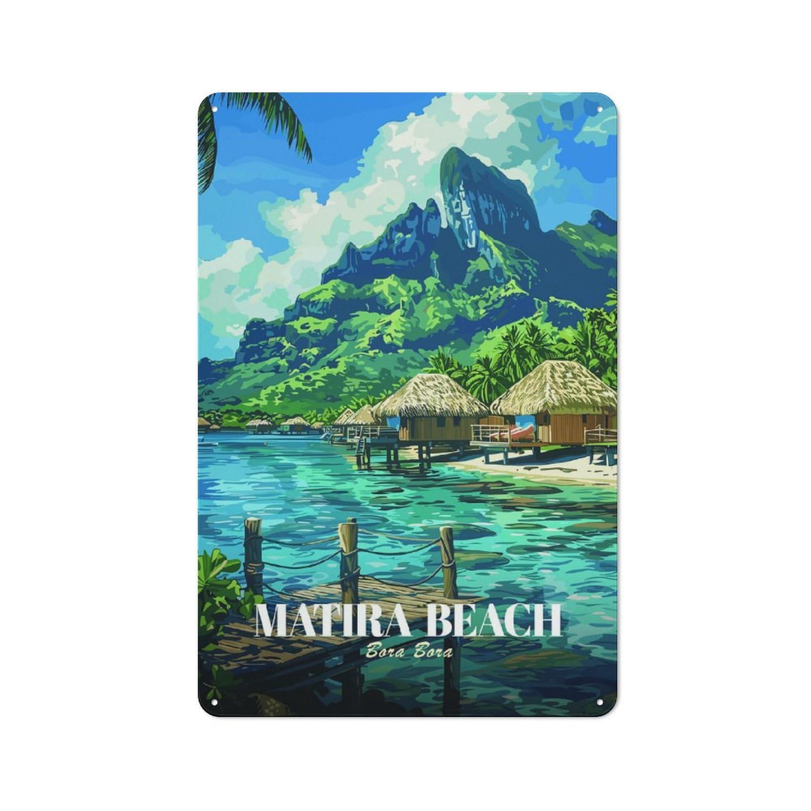 Junmoney Style-11 Rustic Tin Sign 30X20cm Featuring Matira Beach, Bora Bora Illustration For Garage Or Workshop, For Garage, Workshop And Man Cave Decoration