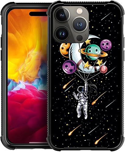 ZHEGAILIAN Funda compatible con iPhone 15 Pro Max, funda de astronauta sosteniendo un planeta de globo, parte trasera de vidrio templado + funda