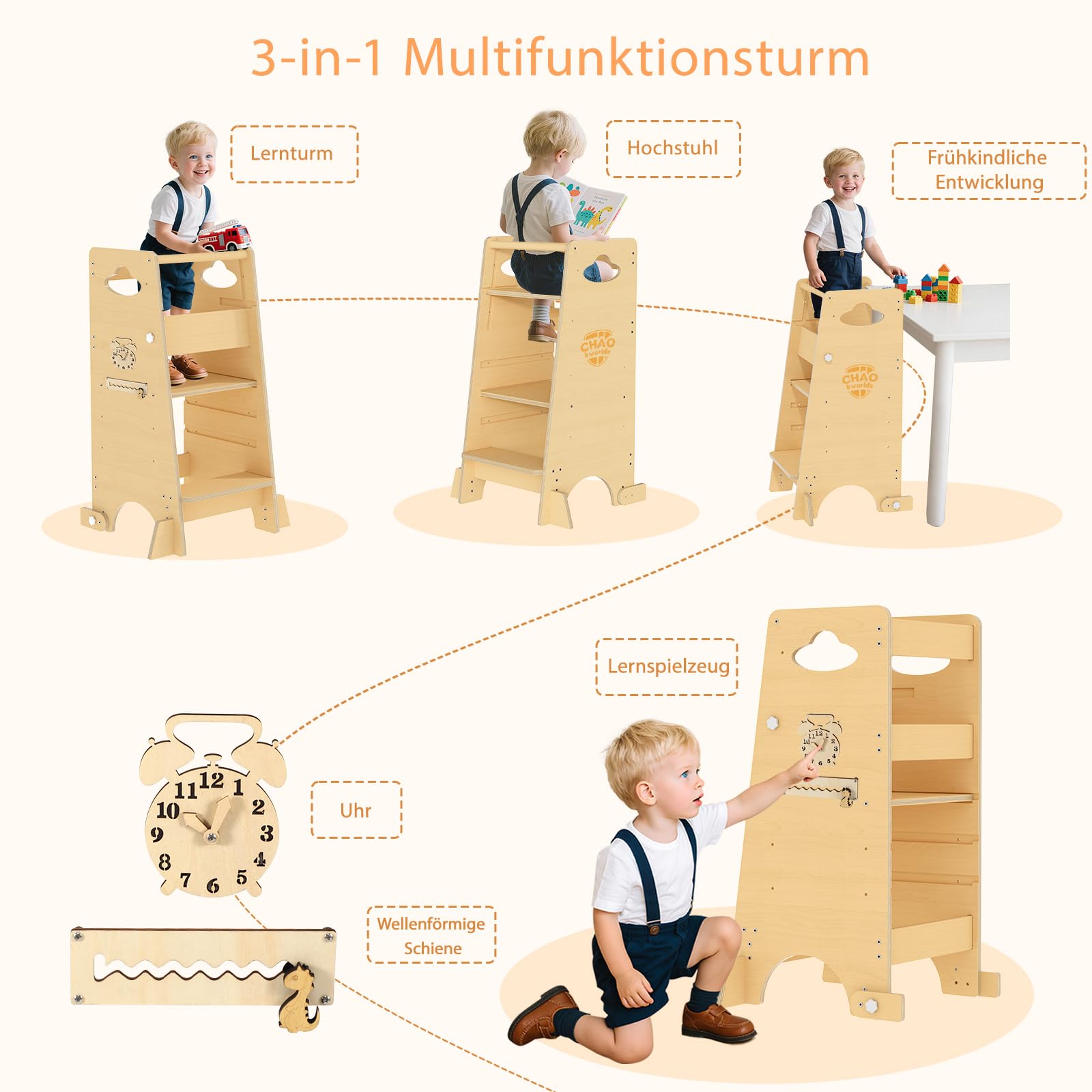 Lernturm für Kleinkinder – 3-in-1 Montessori-Küchenhocker mit Sicherheitsgeländer, höhenverstellbar, stabil mit Anti-Rutsch-Basis, umwandelbar in Hochstuhl und Aktivitätscenter