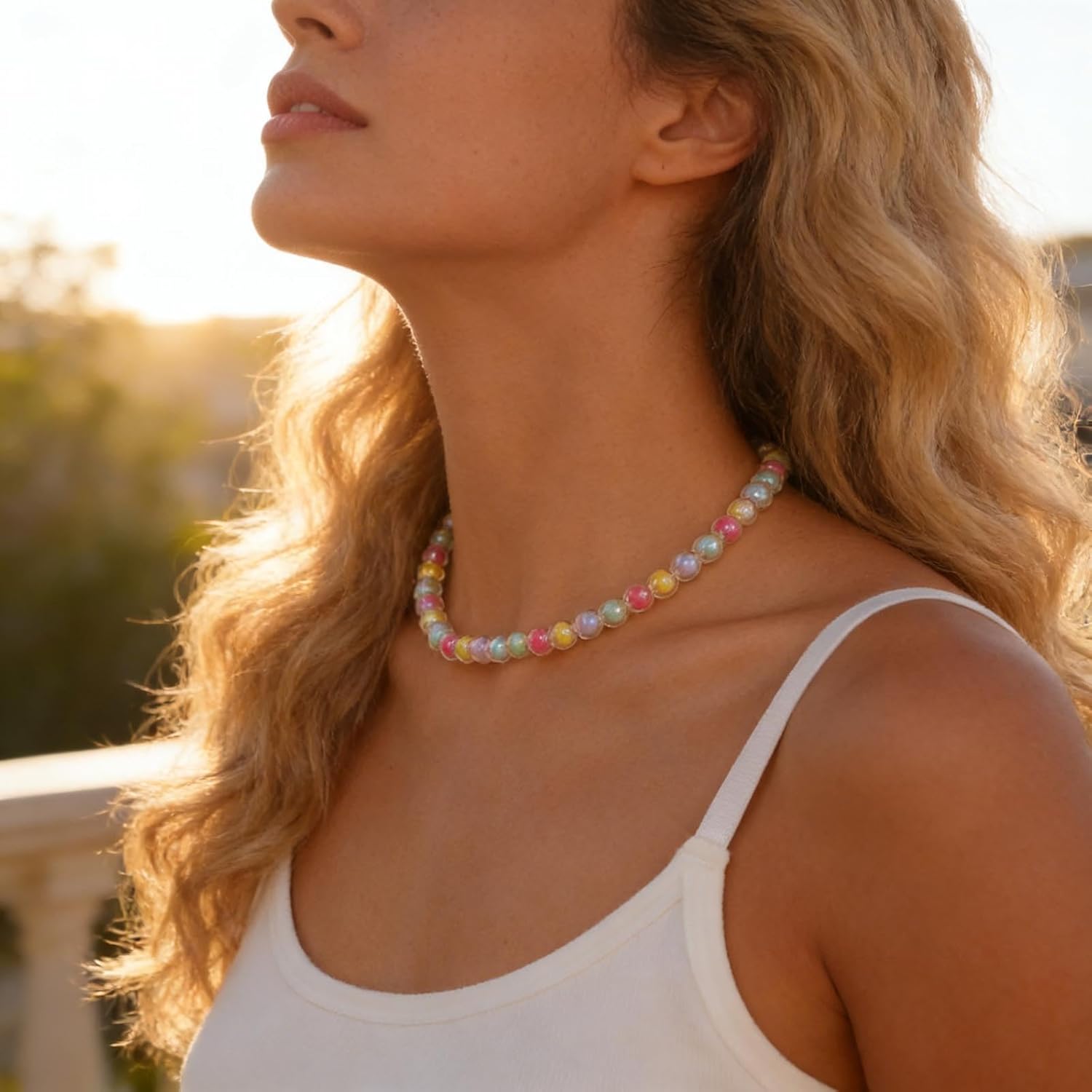 Andelaisi Boho Rainbow Bead Choker Necklace Vintage Colorful Beaded Necklace Candy Color Glass Bead Necklace Minimalist Seed Bead Chain Necklace Jewelry for Women - Image 6