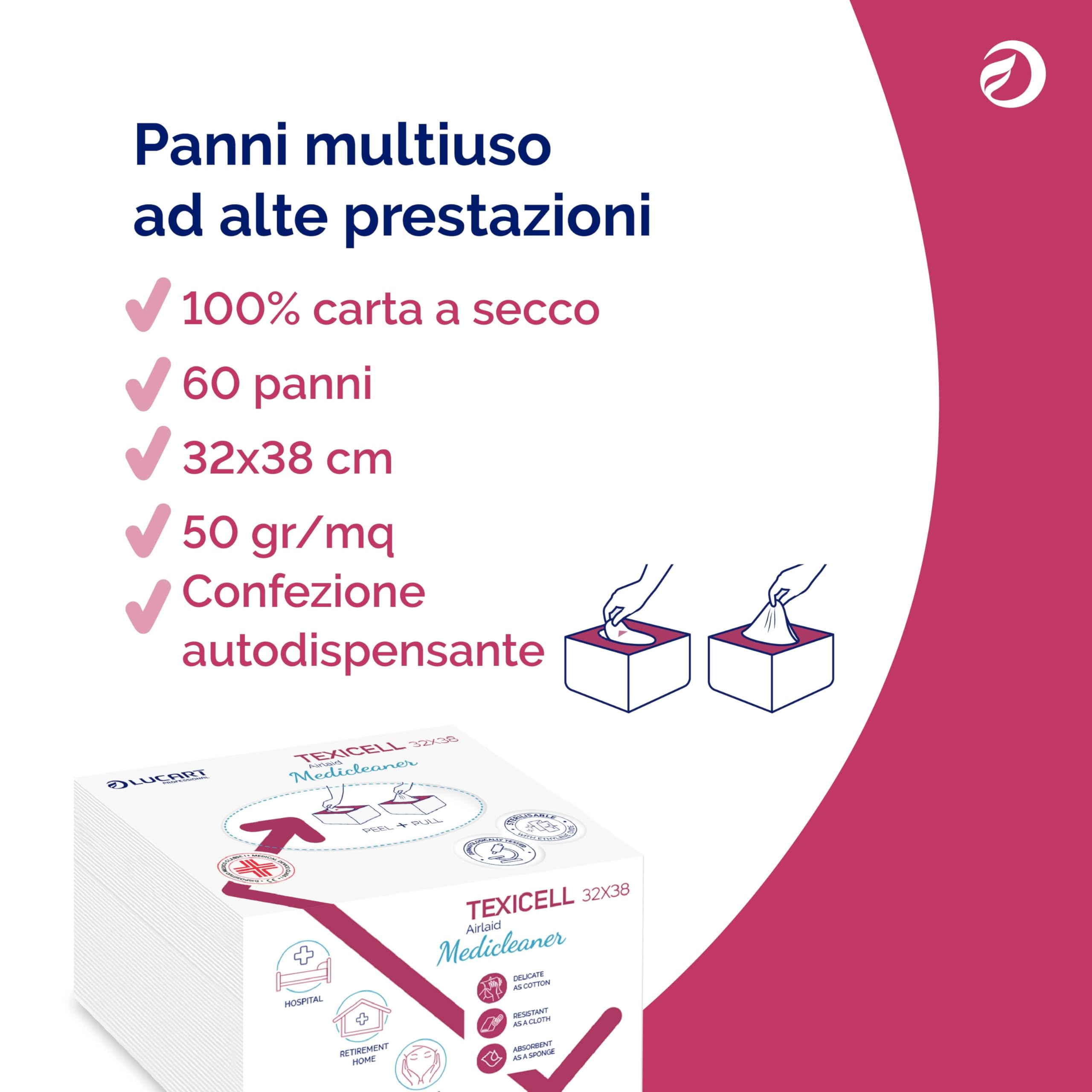 Lucart Professional, Texicell Medicleaner 32x38, Panni Multiuso Piegati in Airlaid, 50 g/mq, Ideali per Settore Medico, 60 pezzi 32x38 cm, 20 confezioni