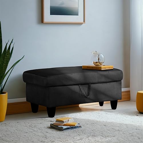 Miniatura 4 de GRETERST Banco otomano rectangular de almacenamiento, reposapiés de franela con tapa con bisagras para sala de estar, dormitorio, entrada, negro,