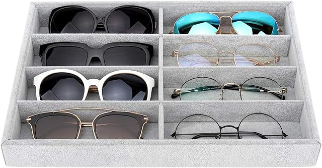 Emibele Glasses Organizer Jewelry Tray, 8 Grids Velvet Tray Watch Storage Stackable Jewelry Showcase Display Storage with Detachable Inner Dividers - Grey