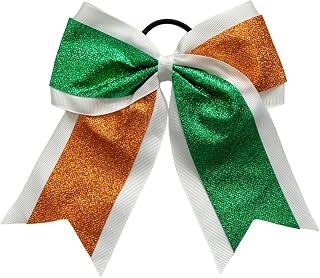 New "GLITTER DUO Orange & Green" Cheer Bow Pony Tail 7 Inch Girls Hair Bows Cheerleading Dance Practice Football Games Competition Birthday Grosgrain Ribbon
