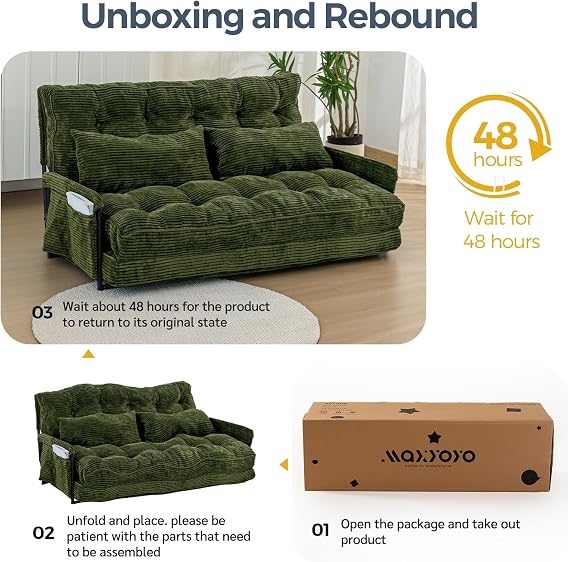 MAXYOYO Adjustable Floor Sofa Couch with 2 Pillows, Multi-Functional Bean Bag Bed, 5-Position Foldable Lazy Sofa Bed with Armrest, Versatile Floor Seating for Reading, Dark Green, Double