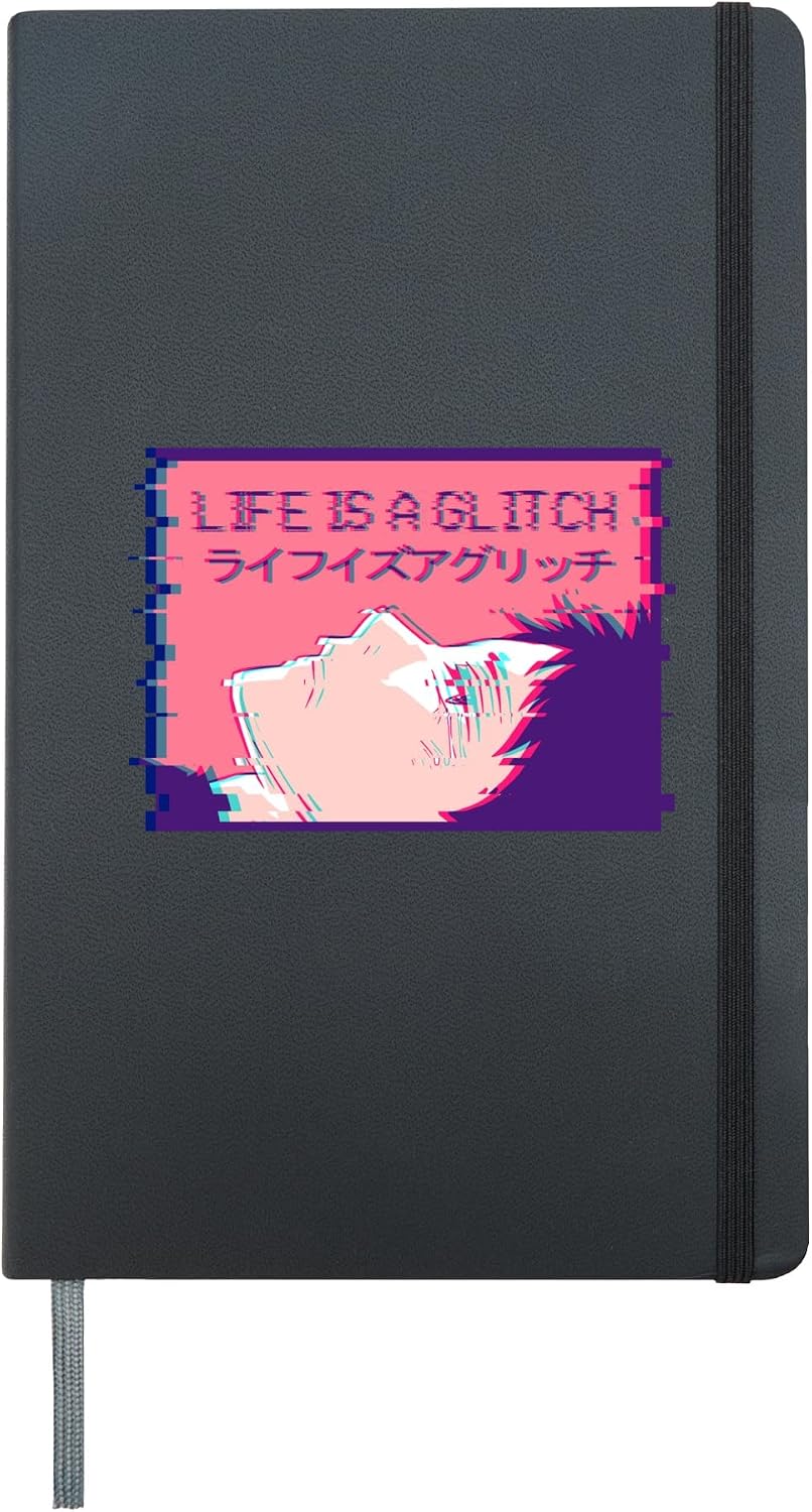 Life Is A Glitch Sad Emo Anime Boy Eboy Vaporwave Aesthetic Hardcover Journal, Black