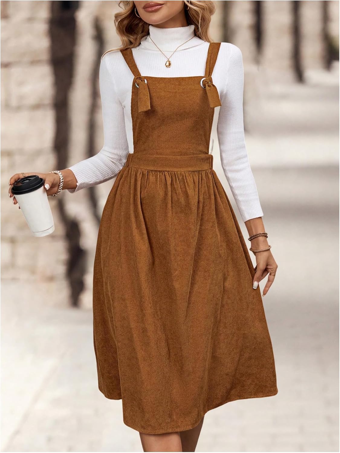 Women's Square Neck Pinafore Dress Fall Vintage Backless A Line Midi Overall Dresses with Pockets - Image 4