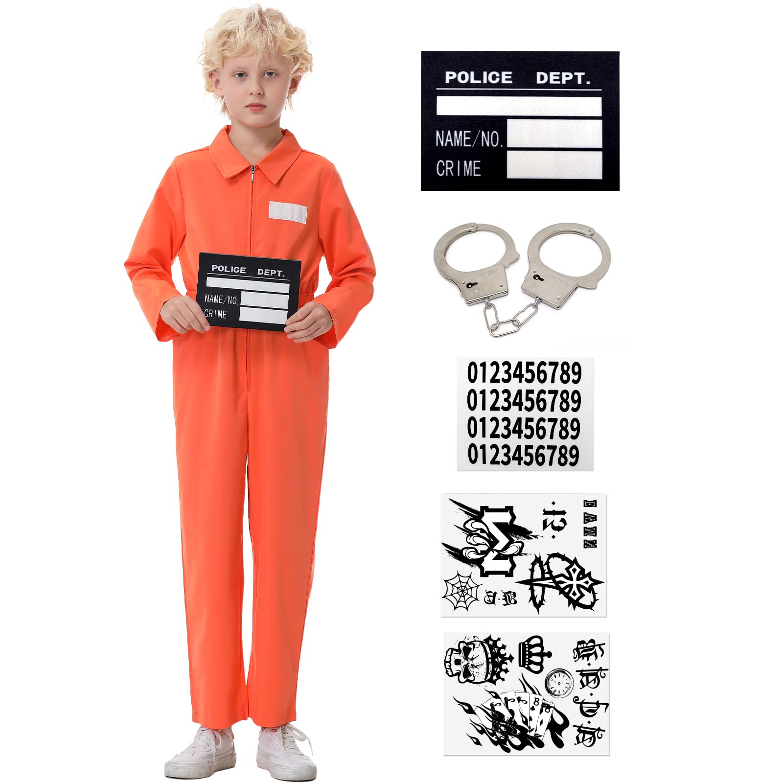 Ezuwail Prisoner Costume Kids Orange Prison Jumpsuit Inmate Jail Criminal Convict Halloween Costume For Boys Girls 6Pcs
